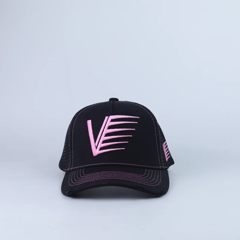 Alternative frontal view of black and pink distressed mesh trucker